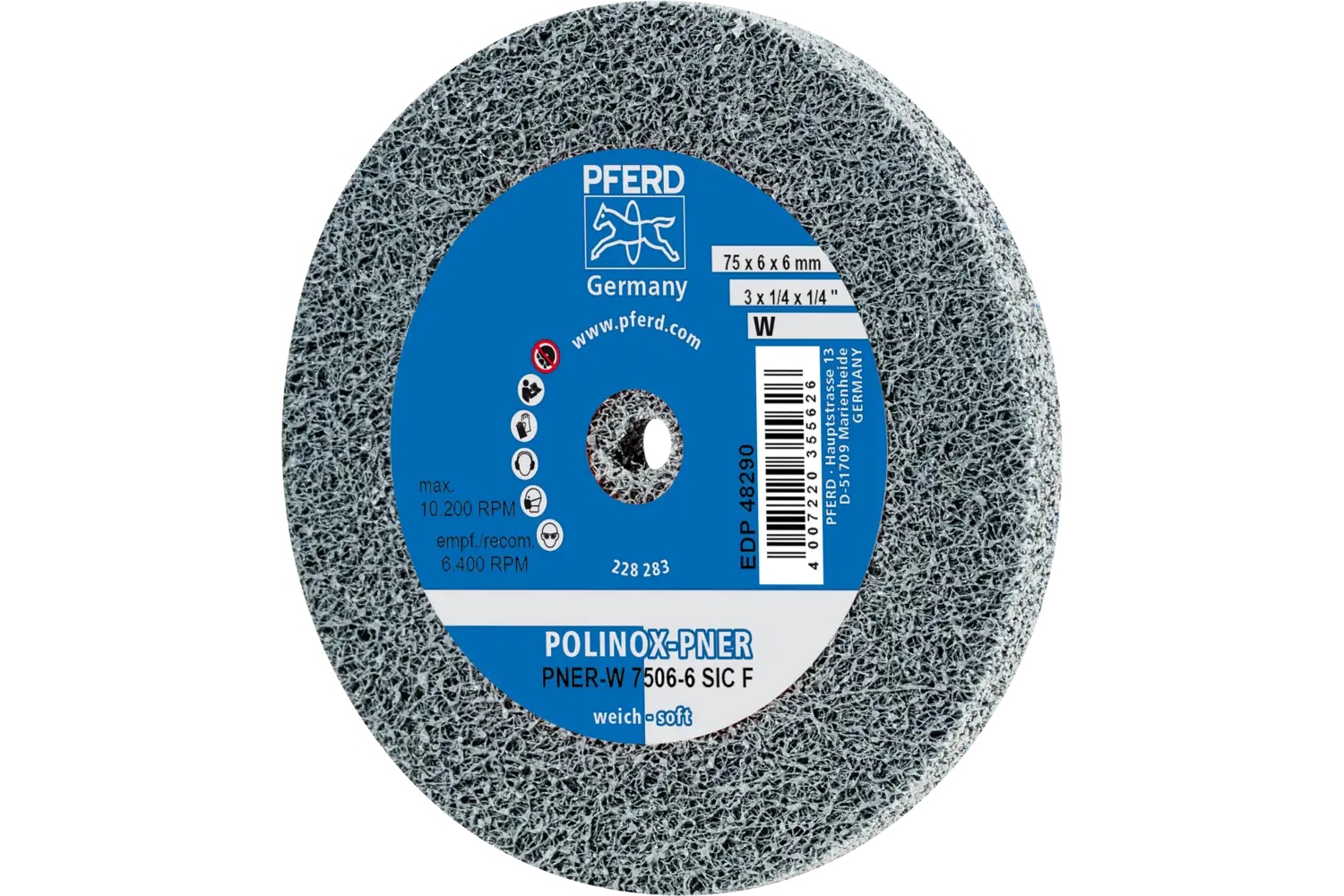Picture of Pferd Polinox® Unitized Wheel, 3" X 1/4 X 1/4, Fine, Soft, 2Sf, Silicon Carbide